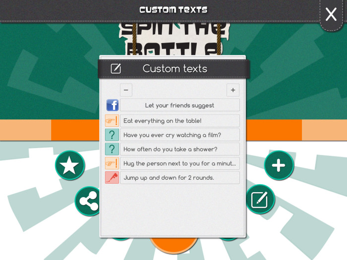 Spin the Bottle custom texts screen